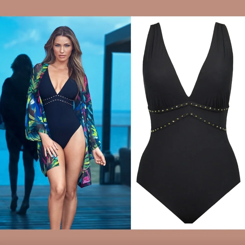 NEW $188 Amoressa Romancing the Stone One-Piece Swimsuit Black [ SZ 10 ]‎